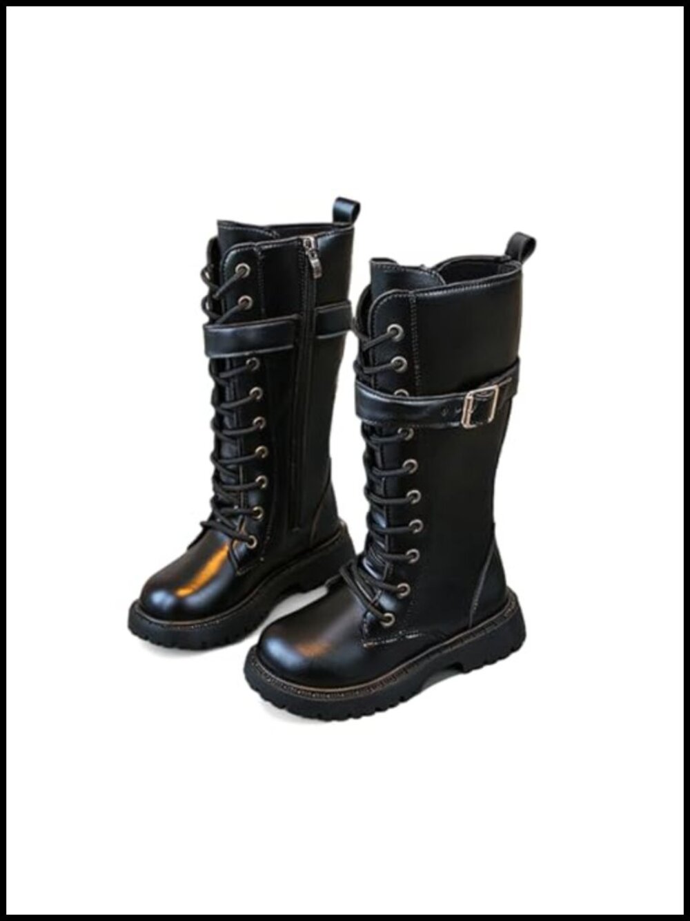 Girls Knee High Riding Boots Side Zipper Buckle Chunky Heel Combat Boots